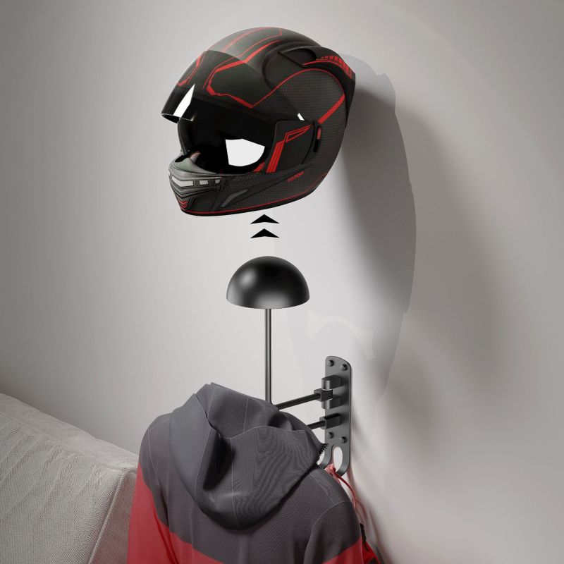 Motorcycle Helmet Rack Wall Mount 180° Rotatable Black Space Aluminum - Semi-spherical Design With Double Hooks Helmet Holder for Home, Office, Display Room Storage - Image 2