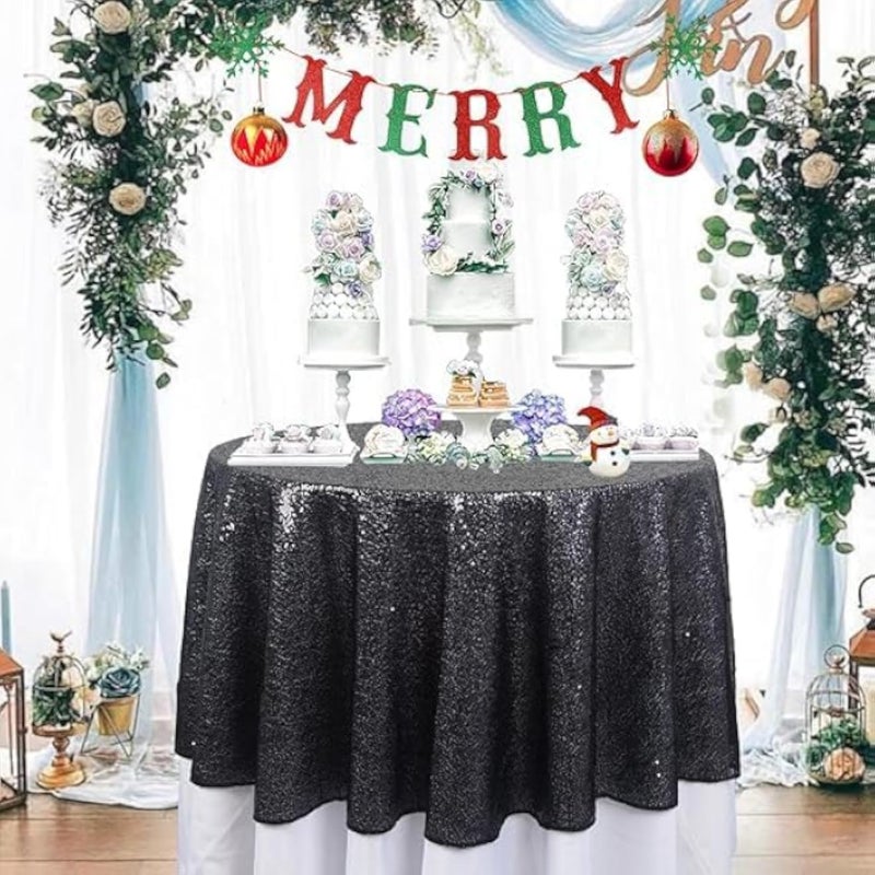 48-Inch Round Black Glitter & Sequin Tablecloth for Parties, Weddings, and Decoration