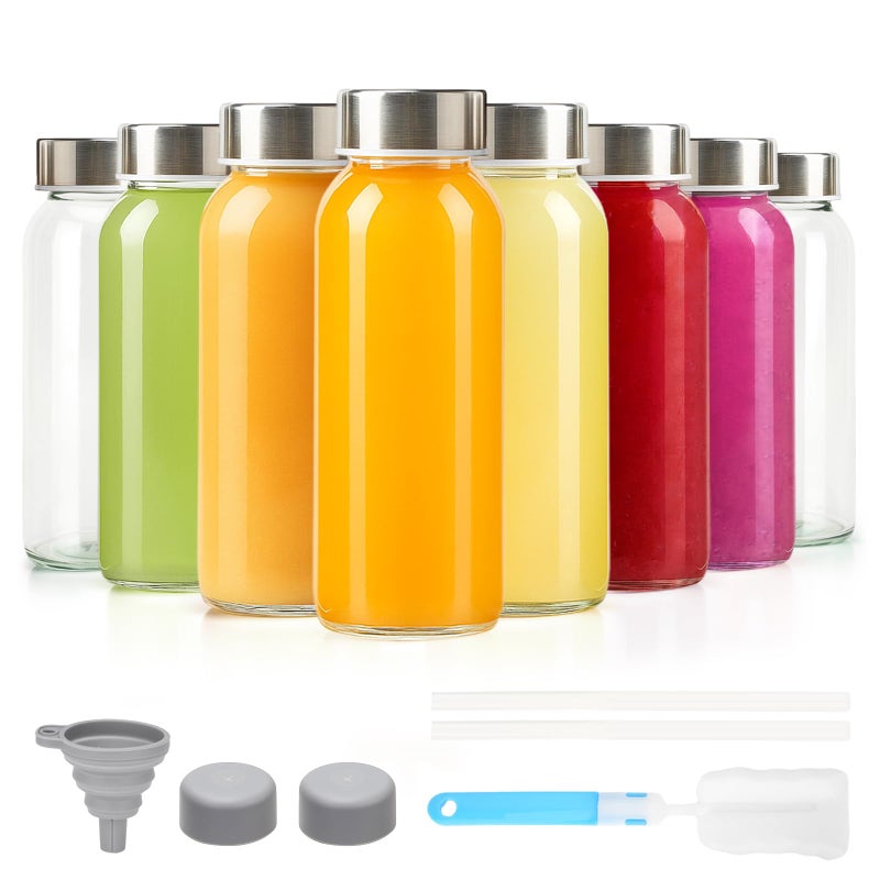 Zukro Glass Juice Bottles 10.5 oz, 8 Pack Reusable Small Clear Water Container With Stainless Steel Lids & Straw for Juicing, Smoothie, Travel, Homemade Drinks, Fridge, Leak Proof & BPA Free - Image 1