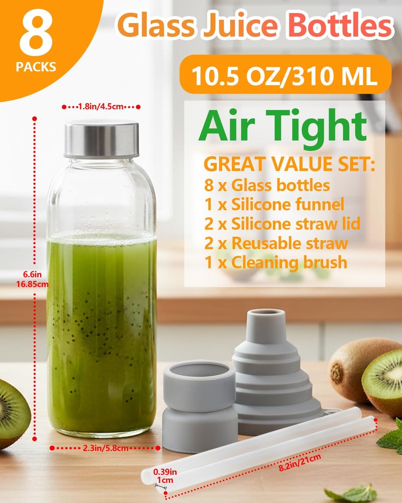 Zukro Glass Juice Bottles 10.5 oz, 8 Pack Reusable Small Clear Water Container With Stainless Steel Lids & Straw for Juicing, Smoothie, Travel, Homemade Drinks, Fridge, Leak Proof & BPA Free - Image 3