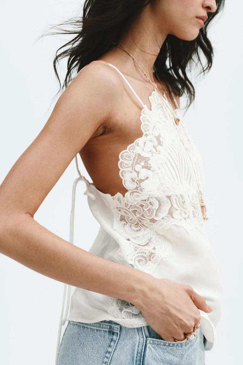 H&M  Linen-blend lace-detail top for Women | Best Price UAE