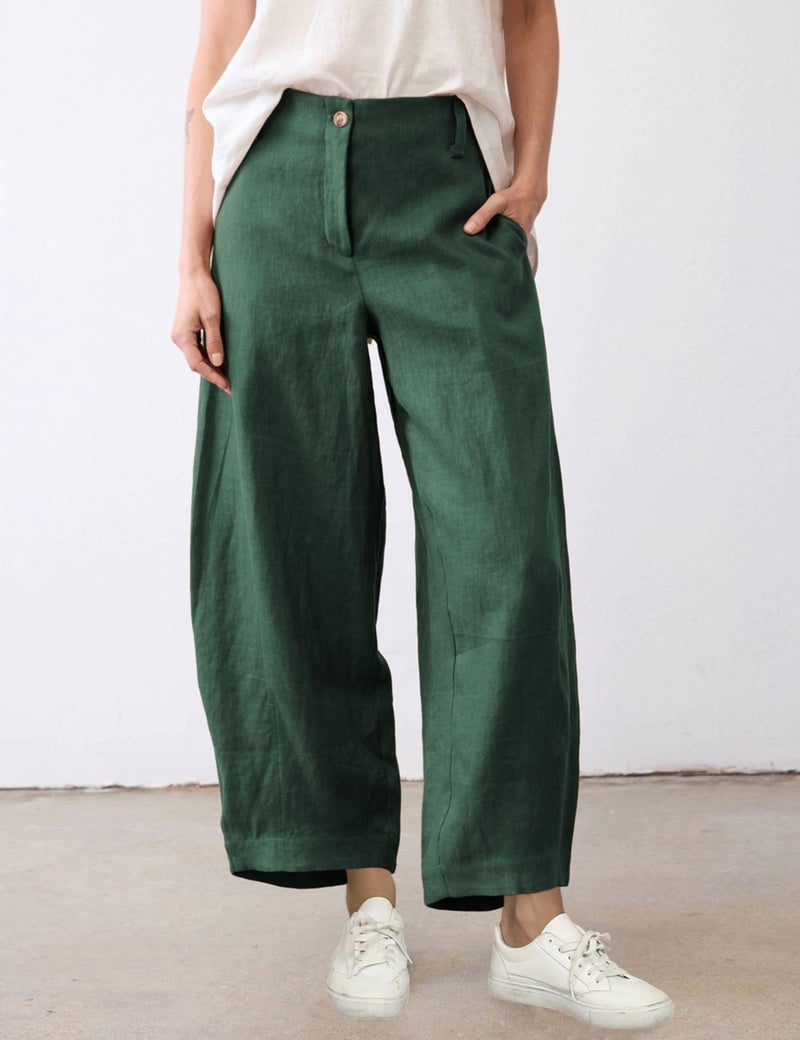 Tanming Womens Linen Pants Casual Capri Baggy Wide Leg Trousers Palazzo Pants Beach Vacation Outfits (ArmyGreen-XS) - Image 2