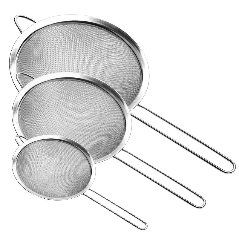 Supercenter Fine Mesh Strainer Stainless Steel Fine Mesh Sieve Set of 3 Small Strainers Fine Mesh for Kitchen Silver Colander Sieve Sifter with Long Handle 32 53 78