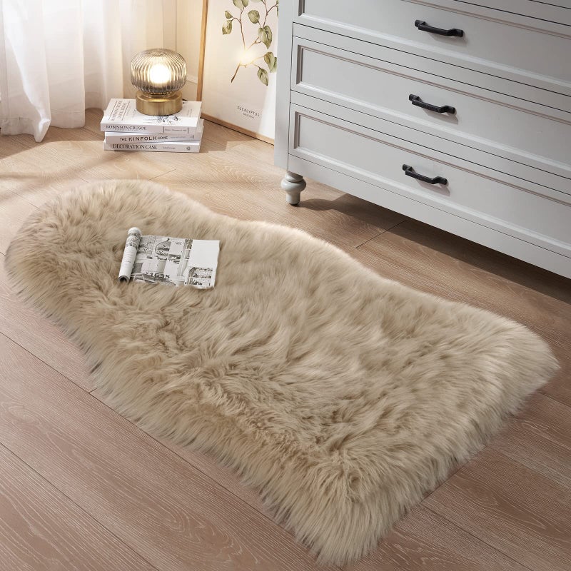 Tangsoo Small Faux Fur Sheepskin Rug 2x4 ft Ultra Soft Chair Sofa Cover Seat Pad, Beige Fluffy Shag Rugs for Bedroom Nursery Kids Room, Luxury Shaggy Rug Fuzzy Plush Floor Carpets - Image 3