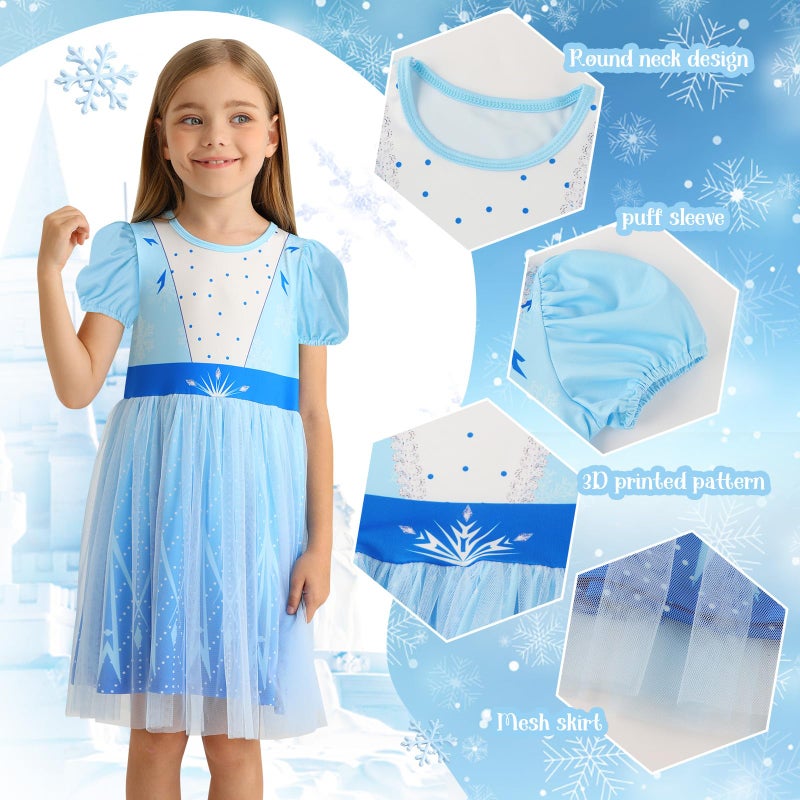 Benylion Princess Dress for Girls Princess Dresses Party Wear Puff Sleeve Tulle Dress for 9-10 Years,Paleblue - Image 4