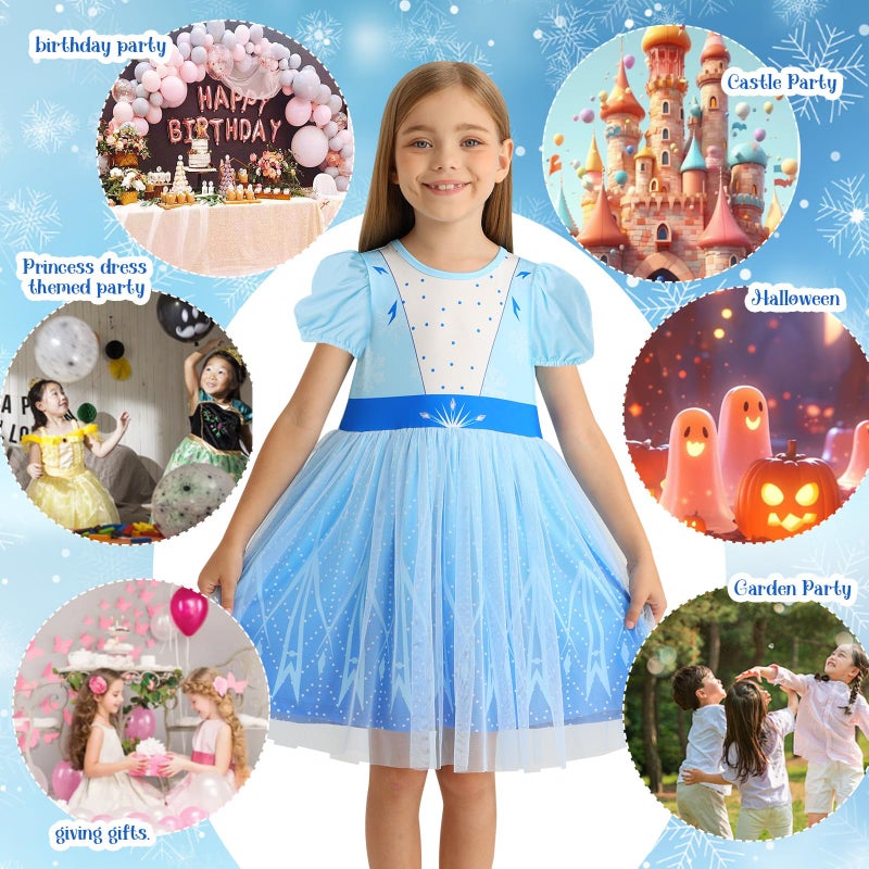 Benylion Princess Dress for Girls Princess Dresses Party Wear Puff Sleeve Tulle Dress for 9-10 Years,Paleblue - Image 5
