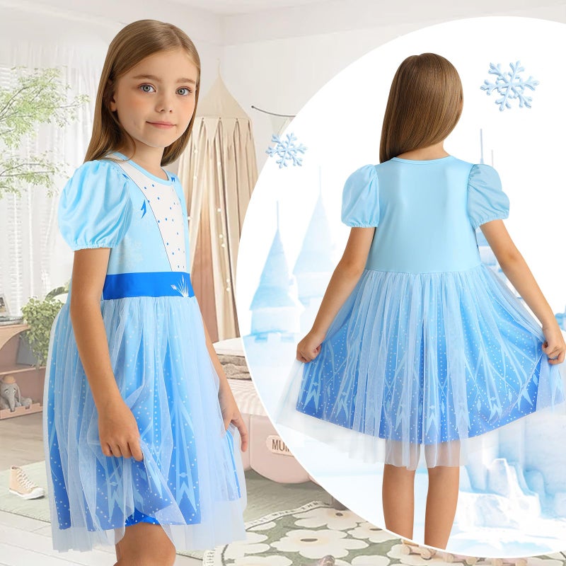 Benylion Princess Dress for Girls Princess Dresses Party Wear Puff Sleeve Tulle Dress for 9-10 Years,Paleblue - Image 3