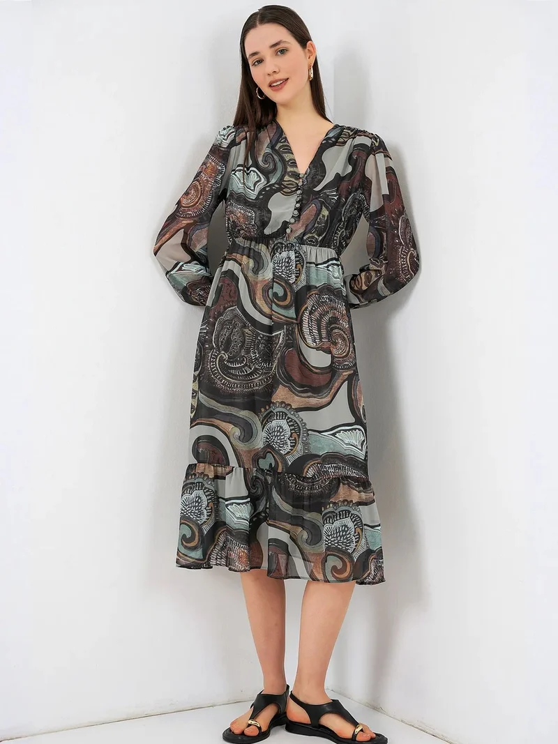 Big Dart Pine Green BDART Leopard Print V-Neck Midi Dress for Women | Best Price UAE