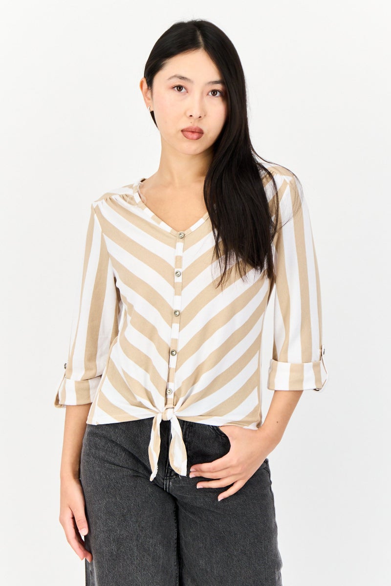 ADRIENNE VITTADINI Women V Neck 3/4 Sleeve Striped Blouse, Multicolor  - Image 1