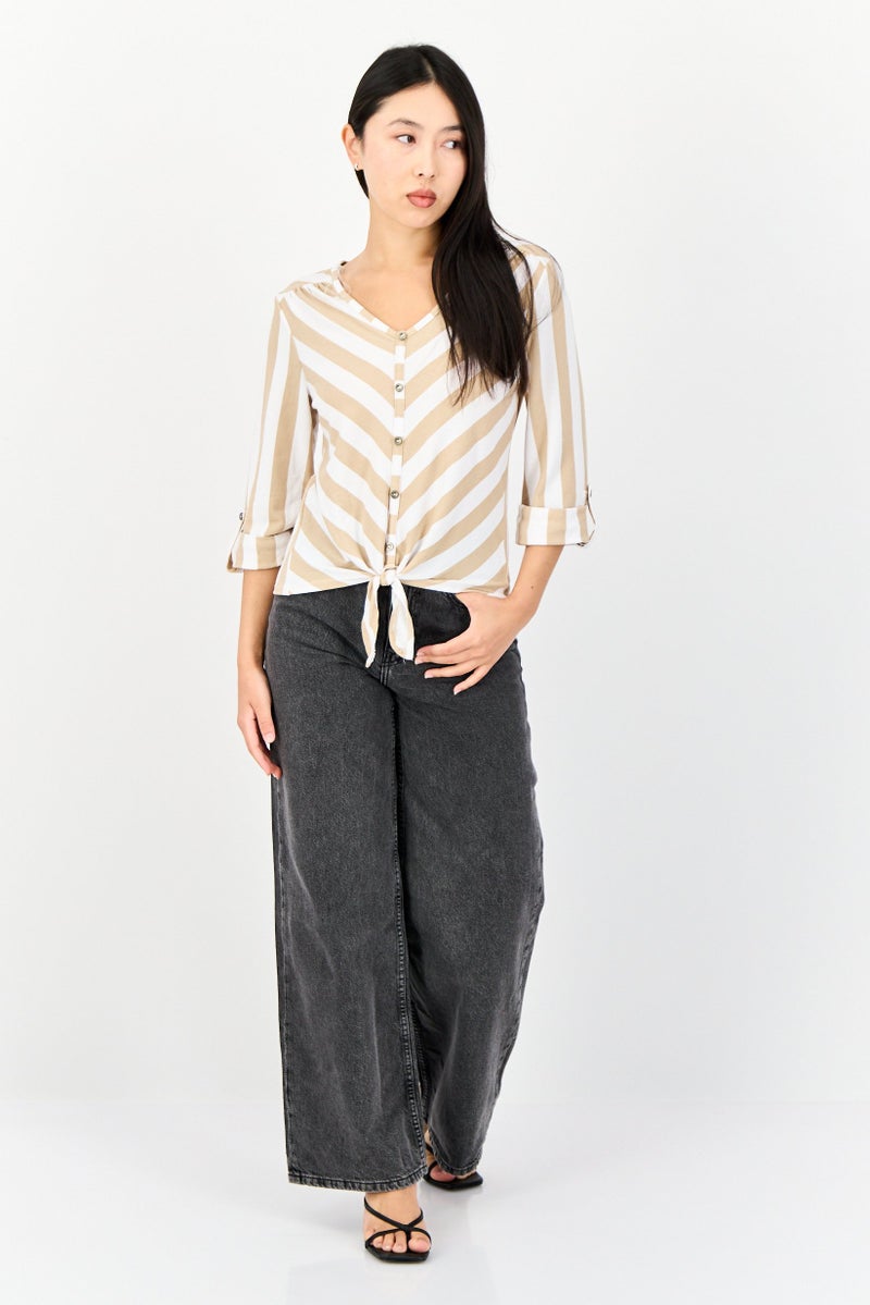 ADRIENNE VITTADINI Women V Neck 3/4 Sleeve Striped Blouse, Multicolor  - Image 3