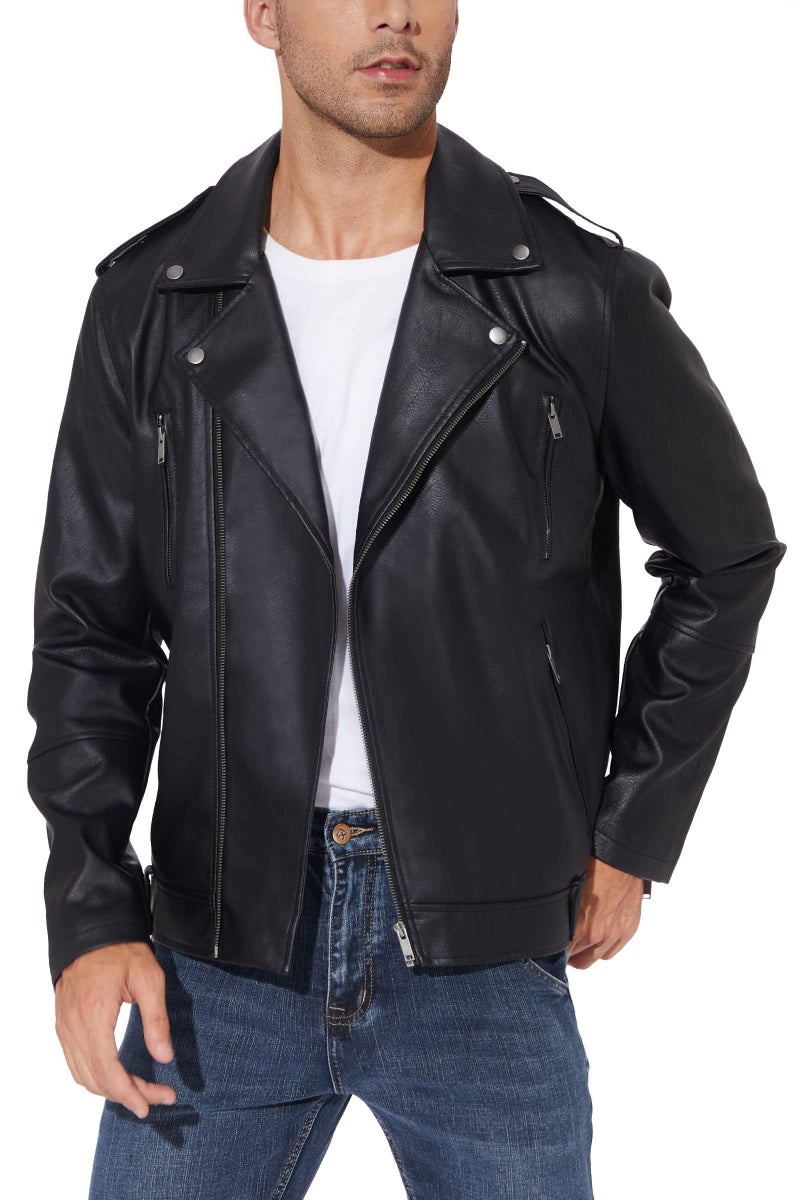 Fahsyee Leather Jackets for Men Faux Bomber Jacket Mens Motorcycle Lapel ZipUp Belt Slim Fit Biker Coat Black M