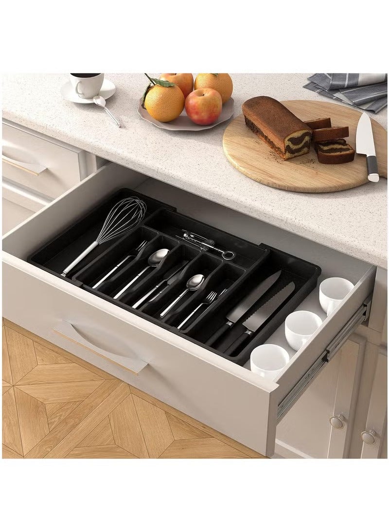 Silverware Drawer Organizer, Expandable Utensil Tray for Kitchen, Flatware and Cutlery Holder, Adjustable Plastic Storage for Spoons Forks Knives, Large, Black - Image 2