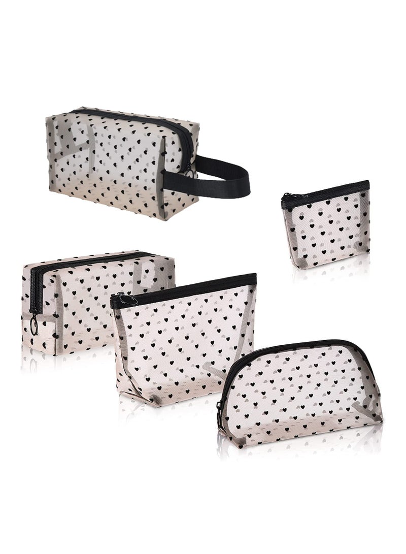 Luckam 5 Pieces Heart Mesh Makeup Bags Set Portable Travel Toiletry Travel Makeup Organizer Cosmetic Bags for Women Girls Small Items Storage Organizer for Home Office Travel - Image 1