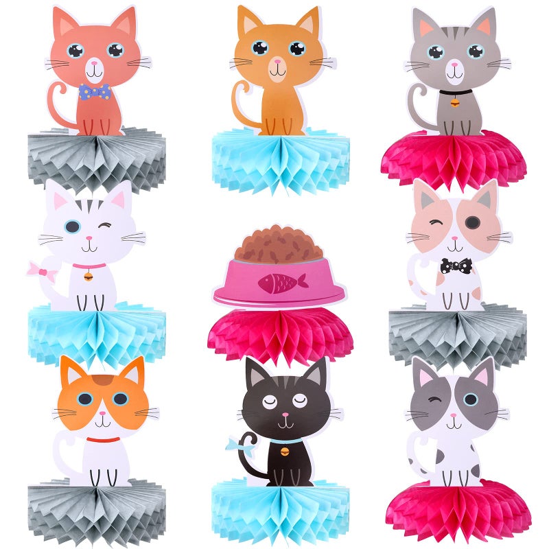 Chinco 9 Pcs Cat Party Centerpieces for Tables Birthday Decorations Honeycomb Cat Party Supplies Table Topper Decoration for Bridal Shower Wedding Birthday