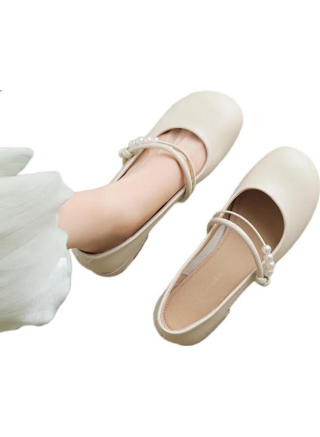 ZHR Mary Jane Shoes Women'S Fairy Style Gentle Chunky Heel Single Shoes Women'S Sweet Pearl Evening Shoes Women Bl275 Beige Size 39 - Image 1