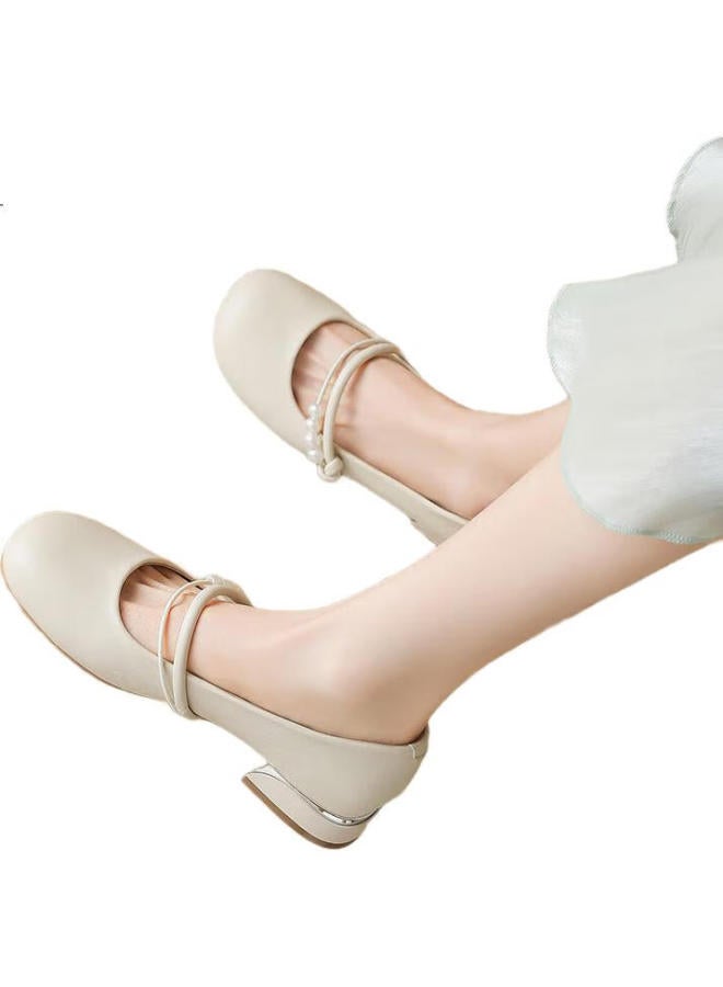 ZHR Mary Jane Shoes Women'S Fairy Style Gentle Chunky Heel Single Shoes Women'S Sweet Pearl Evening Shoes Women Bl275 Beige Size 39 - Image 2