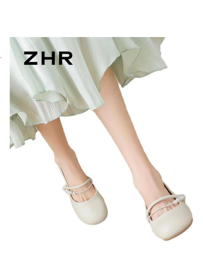 ZHR Mary Jane Shoes Women'S Fairy Style Gentle Chunky Heel Single Shoes Women'S Sweet Pearl Evening Shoes Women Bl275 Beige Size 39 - Image 3