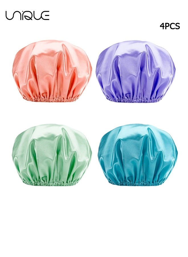 يونيك 4 حزمة دش كاب ، 4 حزمة قبعة دش فاخرة للماء وطبقة مزدوجة قابلة لإعادة الاستخدام حمام دش كاب للنساء سبا ، صالون لتصفيف الشعر ، استخدام السفر في فندق المنزل - Image 1