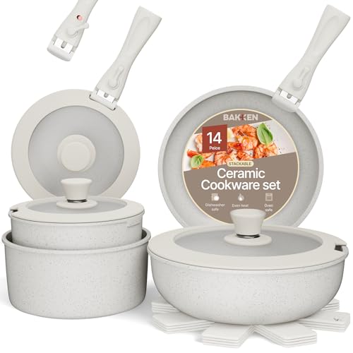 Pots Pans Set Non Stick CeramicGranite 14Piece Cookware with Detachable Handles Stackable SpaceSaving Dishwasher Safe Stainresistant Oven AllStove Safe Tempered Glass Lids White Cream