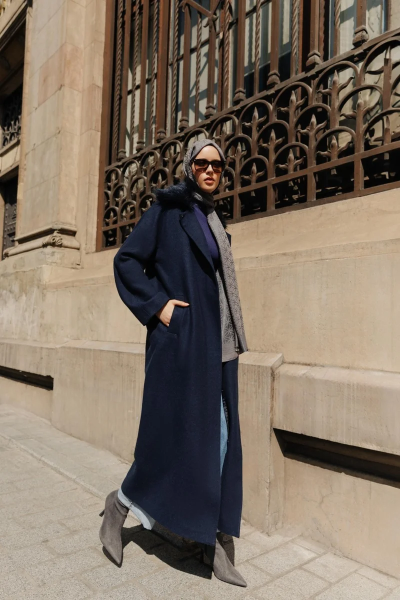 ARMINE Removable Furry Full Sleeve Coat 24K8105 Navy Blue
