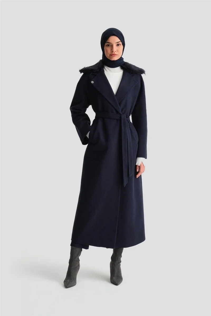ARMINE Removable Furry Full Sleeve Coat 24K8105 Navy Blue