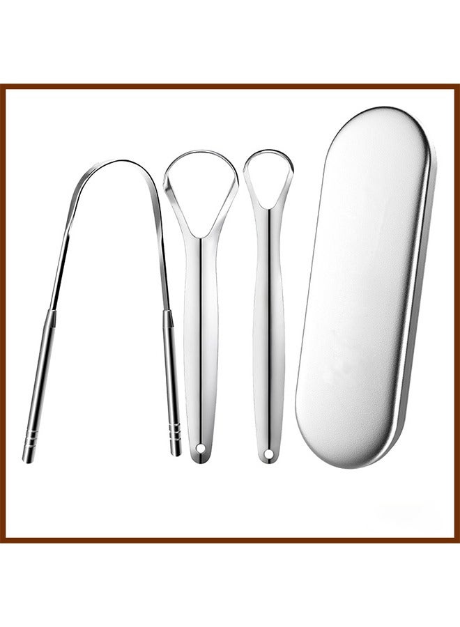 Generic 3PCS Stainless Steel Tongue Scraper Set – Metal Tongue Cleaners with Dual Handle Design and Storage Case for Oral Hygiene, Silver  - Image 1