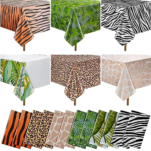 12Pack Animal Safari Tablecloth Jungle Animal Zoo Theme Party Table Cloth Leopard Tiger Zebra Giraffe Palm Leaf Print Table Cover for Jungle Safari Birthday Baby Shower Party Decorations Six Styles