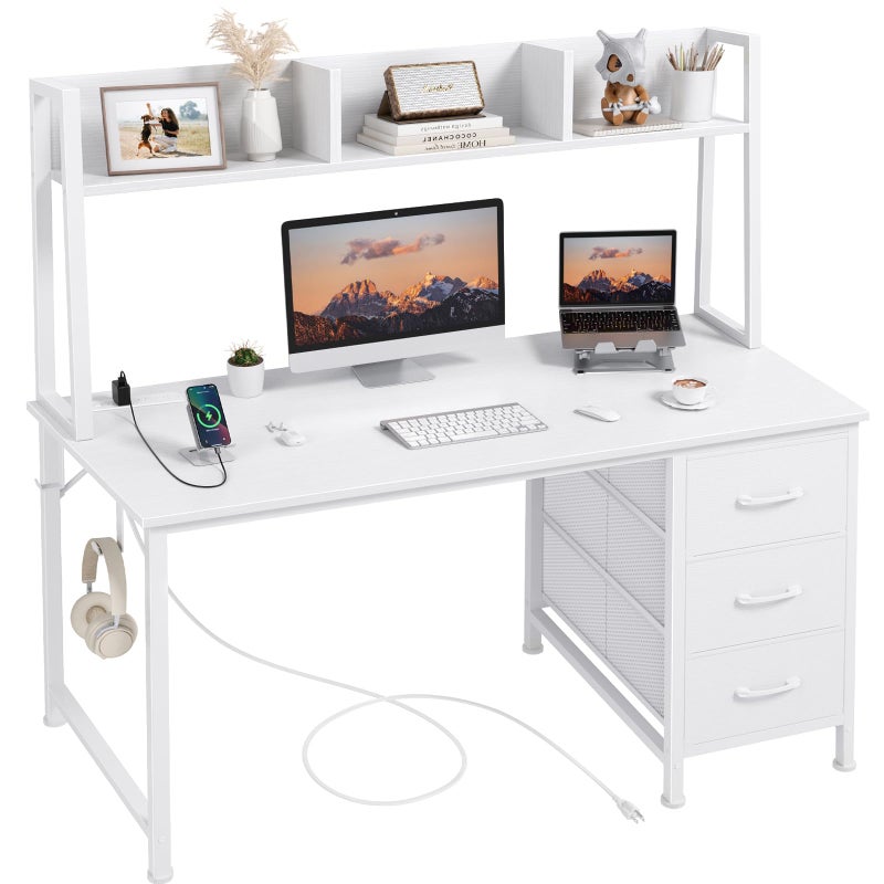 White Computer Desk with Hutch Drawers Office Desk with 3 Storage Drawers and Power Outlets 47 Inch Modern Study Writing Desk for Bedroom Home Office