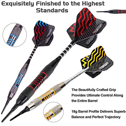 Turnart Darts Plastic Tip - Professional Soft Tip Darts Set for Electronic Dartboard 9 Pcs 18 Grams with 50 Extra Tips 9 Shafts 27 Flights Tool Kit Flight Protectors and Gift Darts Case (Tungsten) - Image 3