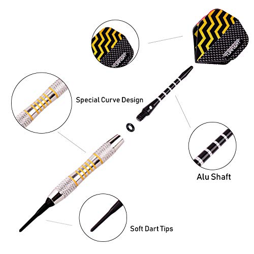 Turnart Darts Plastic Tip - Professional Soft Tip Darts Set for Electronic Dartboard 9 Pcs 18 Grams with 50 Extra Tips 9 Shafts 27 Flights Tool Kit Flight Protectors and Gift Darts Case (Tungsten) - Image 5