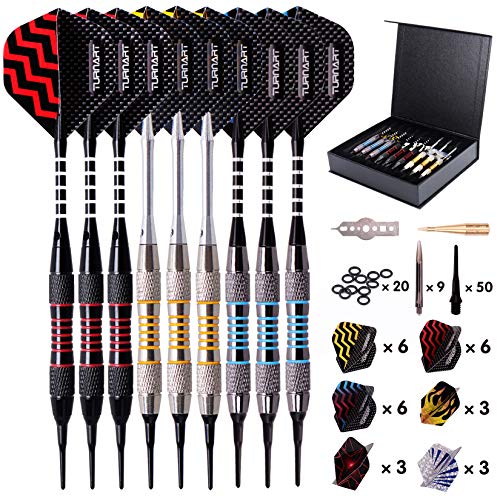 Turnart Darts Plastic Tip - Professional Soft Tip Darts Set for Electronic Dartboard 9 Pcs 18 Grams with 50 Extra Tips 9 Shafts 27 Flights Tool Kit Flight Protectors and Gift Darts Case (Tungsten) - Image 1