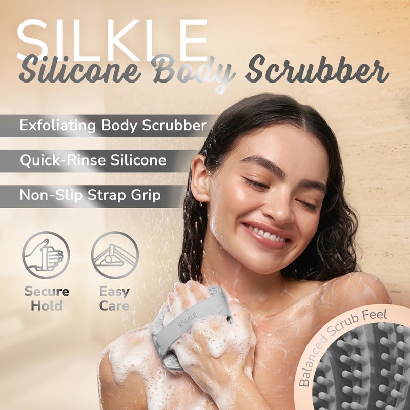 SILKLE Silicone Body Scrubber â€“ Gentle Exfoliating Shower Scrubber for Body & Bath, Silicone Shower Brush & Loofah Alternative â€“ Non-Slip Silicone Body Brush, Quick Dry, Hygienic - Gray - Image 2