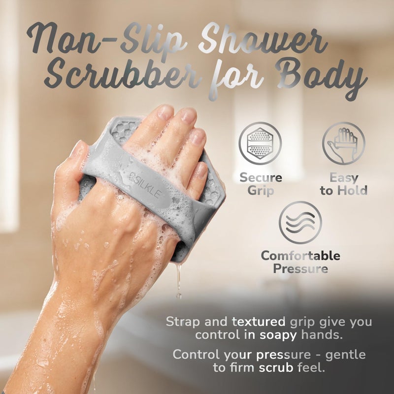 SILKLE Silicone Body Scrubber â€“ Gentle Exfoliating Shower Scrubber for Body & Bath, Silicone Shower Brush & Loofah Alternative â€“ Non-Slip Silicone Body Brush, Quick Dry, Hygienic - Gray - Image 4
