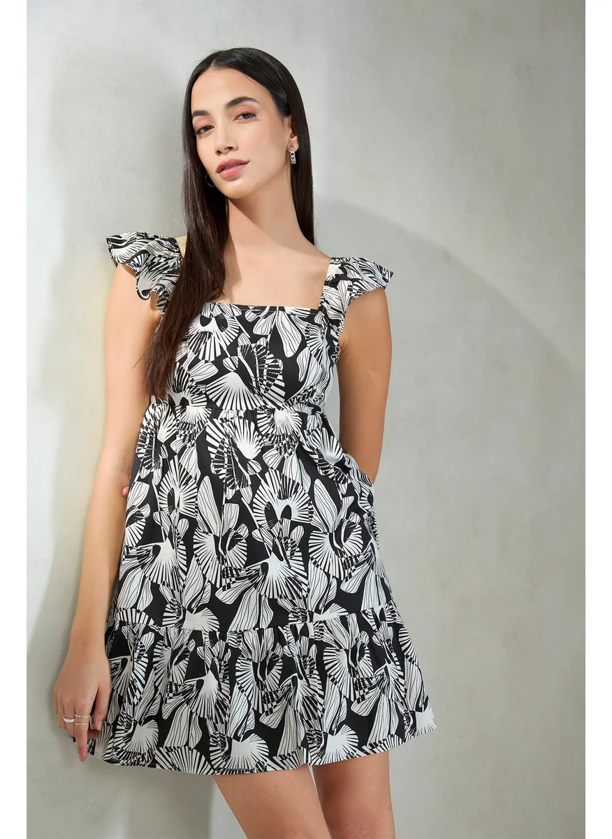فيرجيو Virgio Women Cotton Square Neck Mini Length Abstract Strap With Raffle Dress