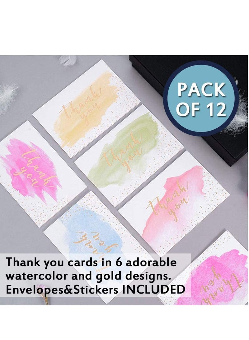 SYOSI Thank You Cards Pack Watercolor Thank You Cards with Envelopes Thank You Cards for Children Teacher Birthday Weddings and Baby Shower Bridal Shower Thankyou Card 12 Pack - Image 1