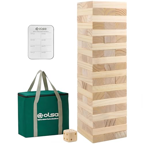 Olsa Giant Tumble Tower 60 PCS Wooden Block Stacking Games with Carrying Bag Classic Indoor Outdoor Games for Adults Family Backyard Lawn Beach Camping Stack from 22 Ft to 5Ft - Image 1