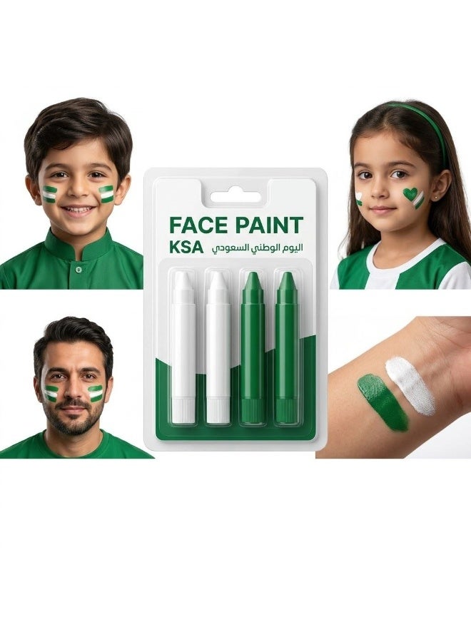 Saudi National Day Face Paint Green & White Stick. Set K.S.A 4-Piece Set, Patriotic Colours, Festival & Parade Use, Arabic Text Design, Pen-Style Applicator - Image 1
