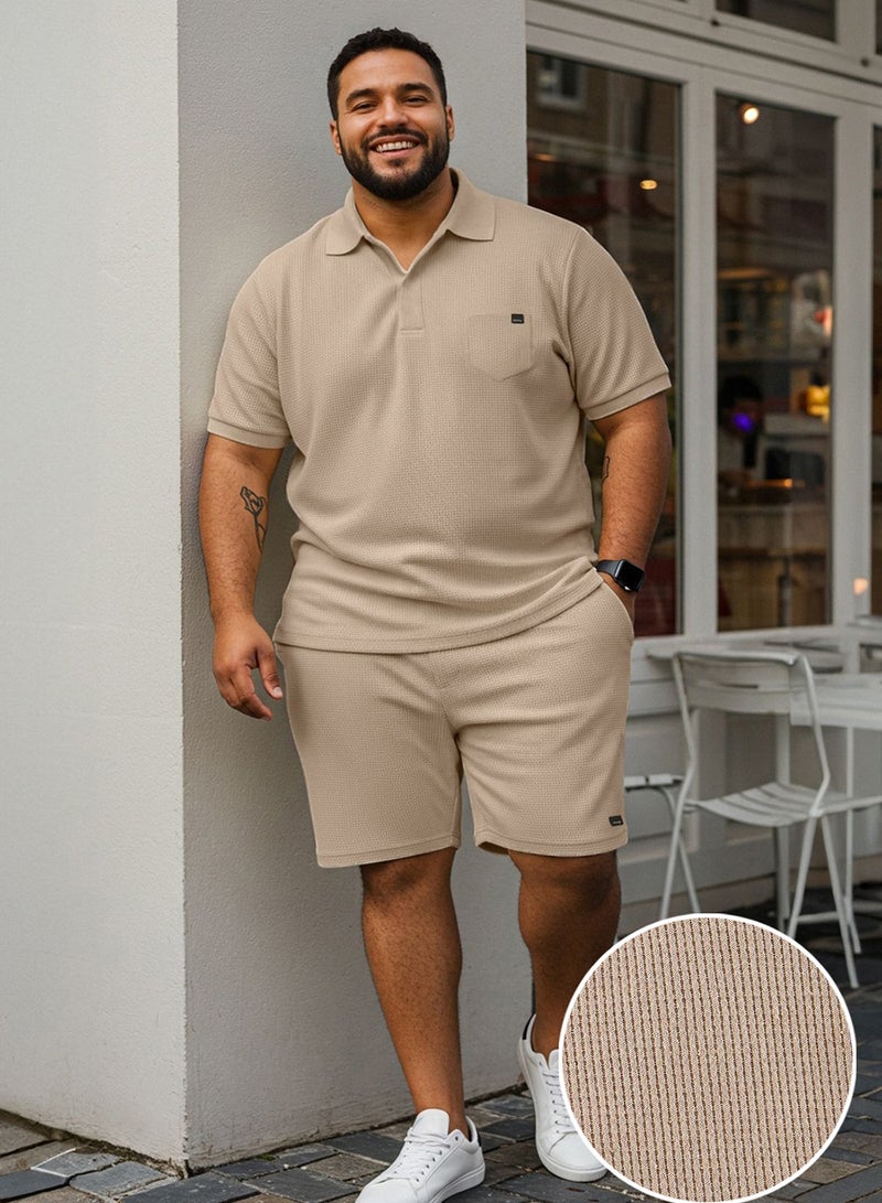 trendyol Camel Regular Cut Textured Polo Collar T-Shirt-Shorts Large Size Tracksuit Set Tmnss25Ts00037 - Image 1