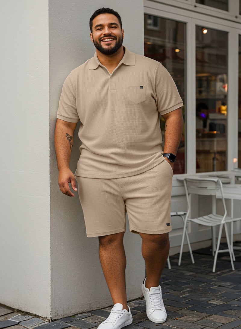 trendyol Camel Regular Cut Textured Polo Collar T-Shirt-Shorts Large Size Tracksuit Set Tmnss25Ts00037 - Image 3