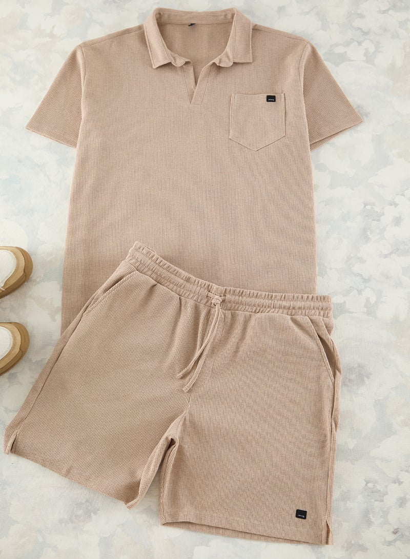 trendyol Camel Regular Cut Textured Polo Collar T-Shirt-Shorts Large Size Tracksuit Set Tmnss25Ts00037 - Image 4