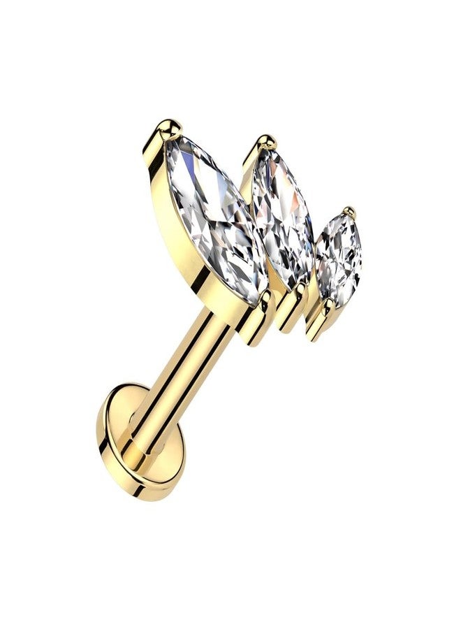 Pierced Owl 16GA ASTM F-136 Implant Grade Titanium Threadless Push-In CZ Crystal Triple Marquise Flat Back Stud (Gold Tone/Clear) - Image 1