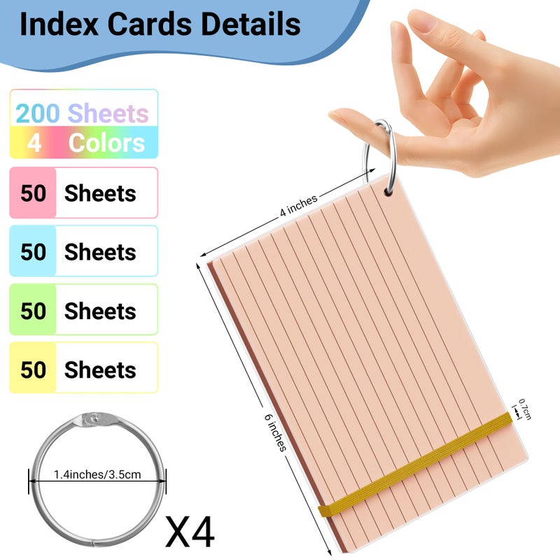 HAUTOCO Colored Index Cards 4x6 Inch 200 PCS Flash Cards with Ring Ruled Notecards with Waterproof Covers Flashcards for Studying Learning School College, 4 Colors - Image 2