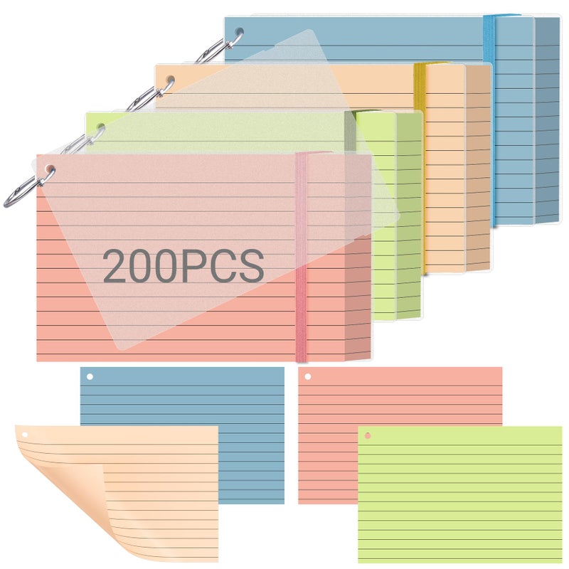 HAUTOCO Colored Index Cards 4x6 Inch 200 PCS Flash Cards with Ring Ruled Notecards with Waterproof Covers Flashcards for Studying Learning School College, 4 Colors - Image 1