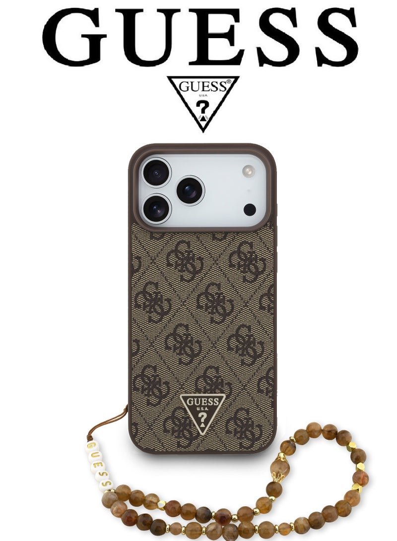 CG MOBILE Luxury embossed leather iPhone 17 Pro case with bracelet. MagSafe wireless charging iPhone cover iphone 17 pro. Shockproof, durable back protection iphone 17 pro max back cover. French-designed, elegant iphone 17 pro cover, certified in partnership with GUESS and CG MOBILE. Brown phone case. - Image 1