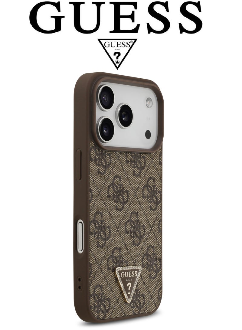 CG MOBILE Luxury embossed leather iPhone 17 Pro case with bracelet. MagSafe wireless charging iPhone cover iphone 17 pro. Shockproof, durable back protection iphone 17 pro max back cover. French-designed, elegant iphone 17 pro cover, certified in partnership with GUESS and CG MOBILE. Brown phone case. - Image 4