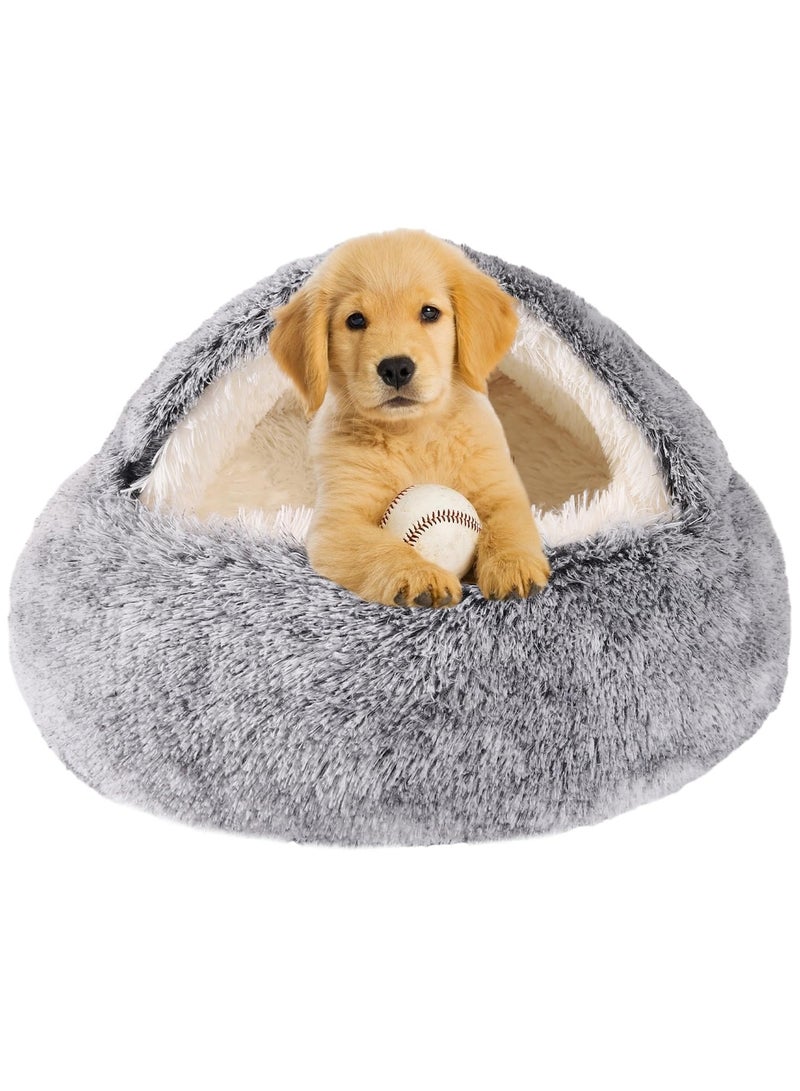 Universal gray round soft plush semi-enclosed cat bed, 2-in-1 comfortable pet mattress, suitable for cats and dogs weighing under 12 pounds, waterproof base with self-heating function, plush-like comfortable pet bed. - Image 1