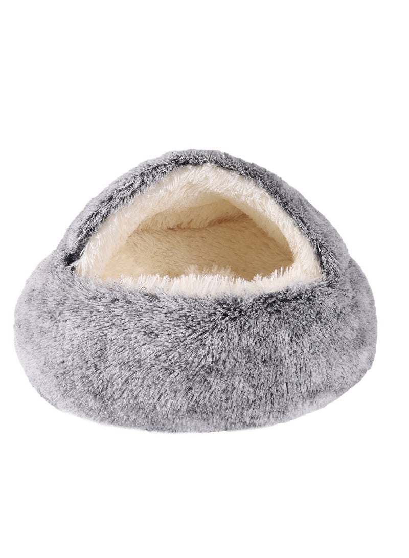 Universal gray round soft plush semi-enclosed cat bed, 2-in-1 comfortable pet mattress, suitable for cats and dogs weighing under 12 pounds, waterproof base with self-heating function, plush-like comfortable pet bed. - Image 2