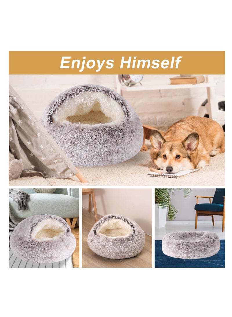 Universal gray round soft plush semi-enclosed cat bed, 2-in-1 comfortable pet mattress, suitable for cats and dogs weighing under 12 pounds, waterproof base with self-heating function, plush-like comfortable pet bed. - Image 4