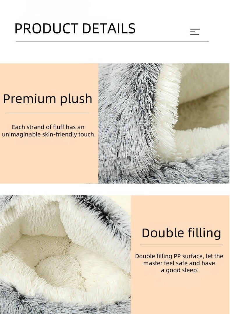 Universal gray round soft plush semi-enclosed cat bed, 2-in-1 comfortable pet mattress, suitable for cats and dogs weighing under 12 pounds, waterproof base with self-heating function, plush-like comfortable pet bed. - Image 5