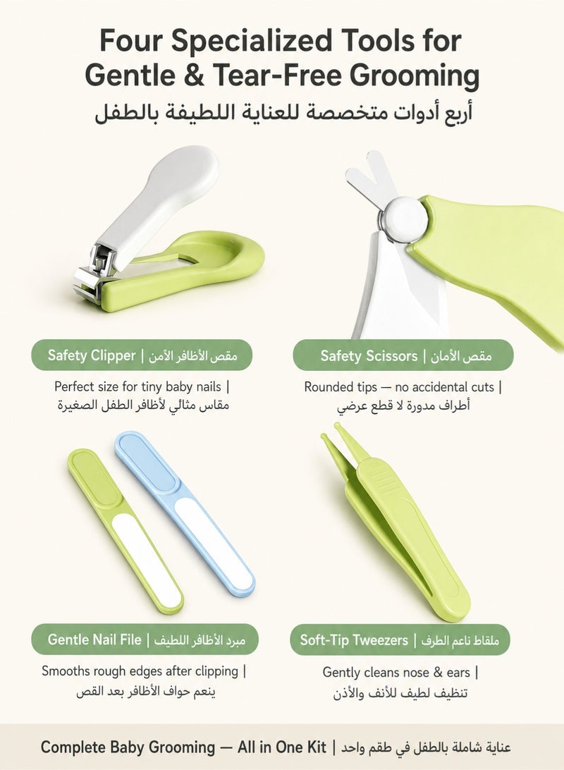 SQ Kids طقم قص أظافر الأطفال 4 في 1 مع حافظة كبسولة قرد لطيفة | مقص آمن، ملقط، مبرد أظافر لحديثي الولادة والأطفال | أخضر/أصفر - Image 2